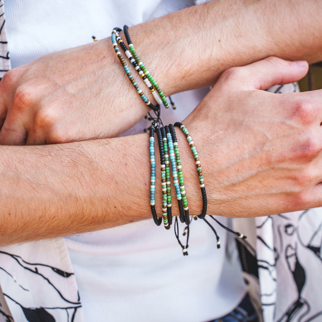 "JE CROIS EN MOI" bracelet homme code Morse bleu mat, bronze mat et argent.